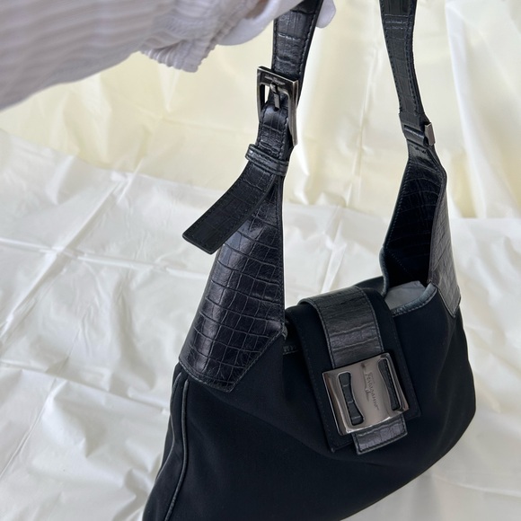 Salvatore Ferragamo Gancini hobo bag in nylon w/ crocodile-embsd leather trim. - Picture 7 of 7